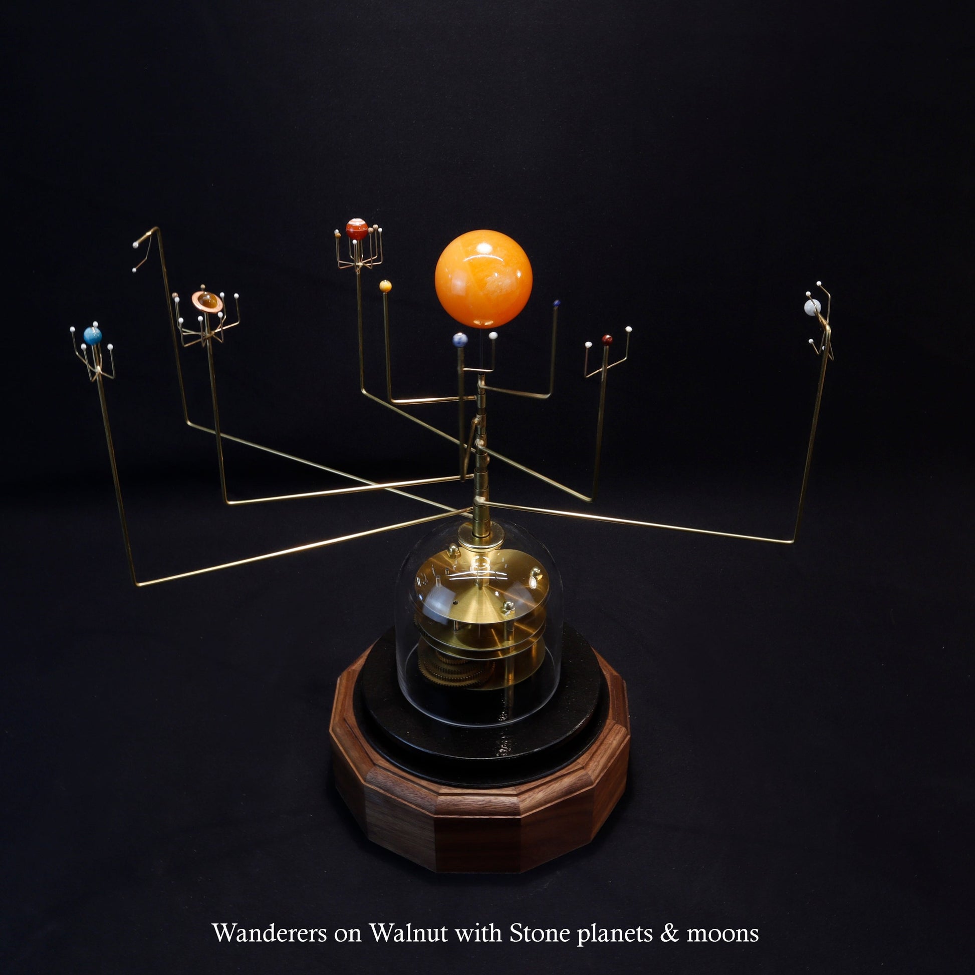 Wanderers Orrery on solid walnut base with semi-precius stone planets