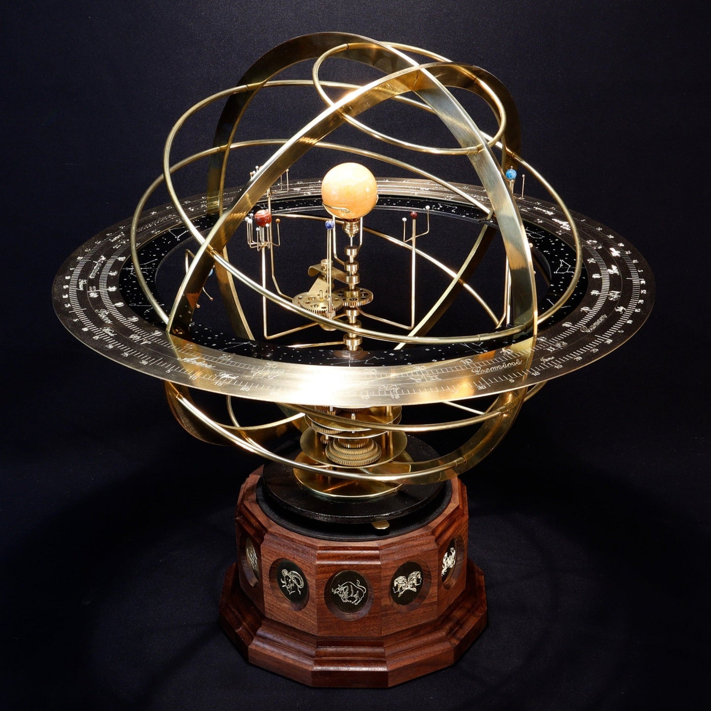 Tower Orrery with engraved zodiacal panels, semi-precious stone planet set and full armillary sphere from Science Art