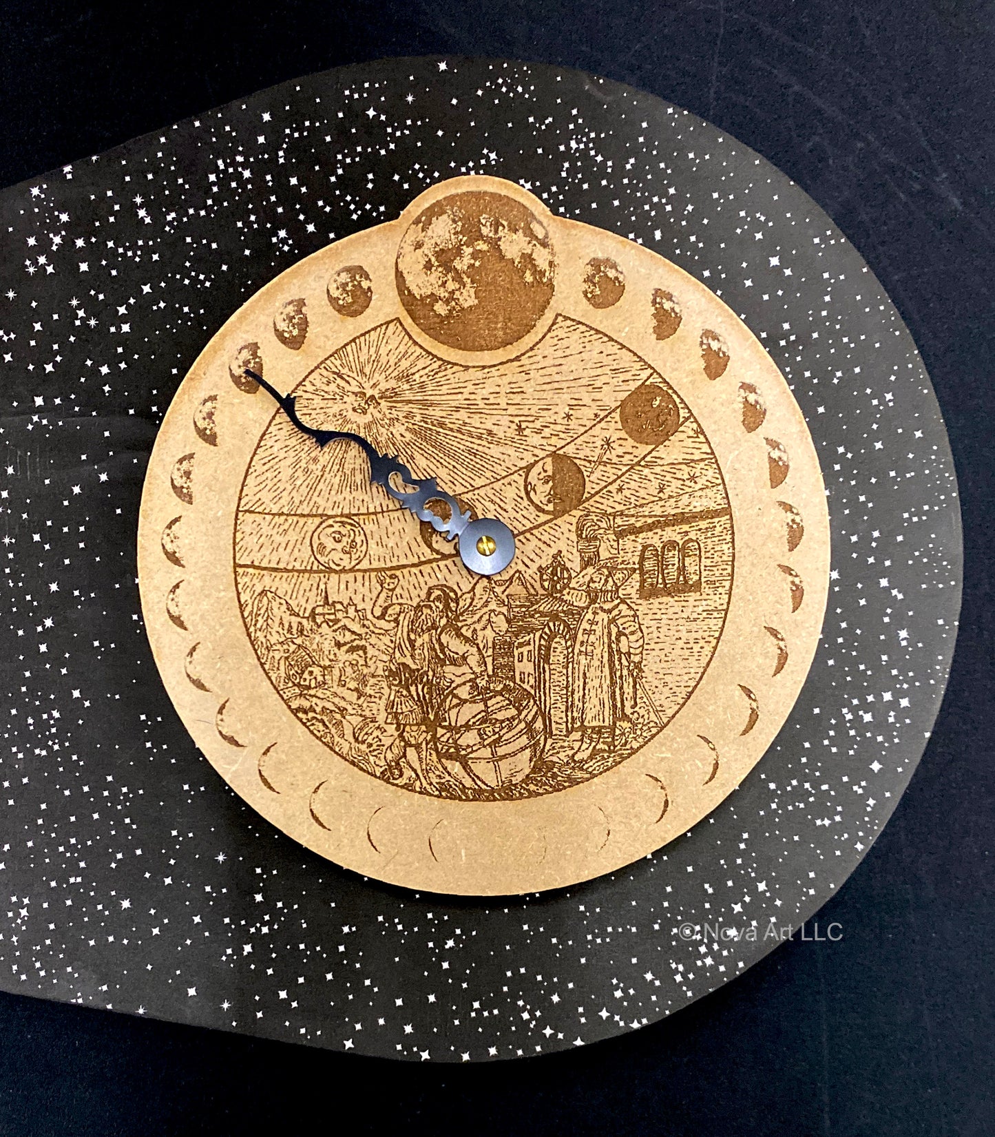 Shows the engraved woodcut clockface of a vintage engraving