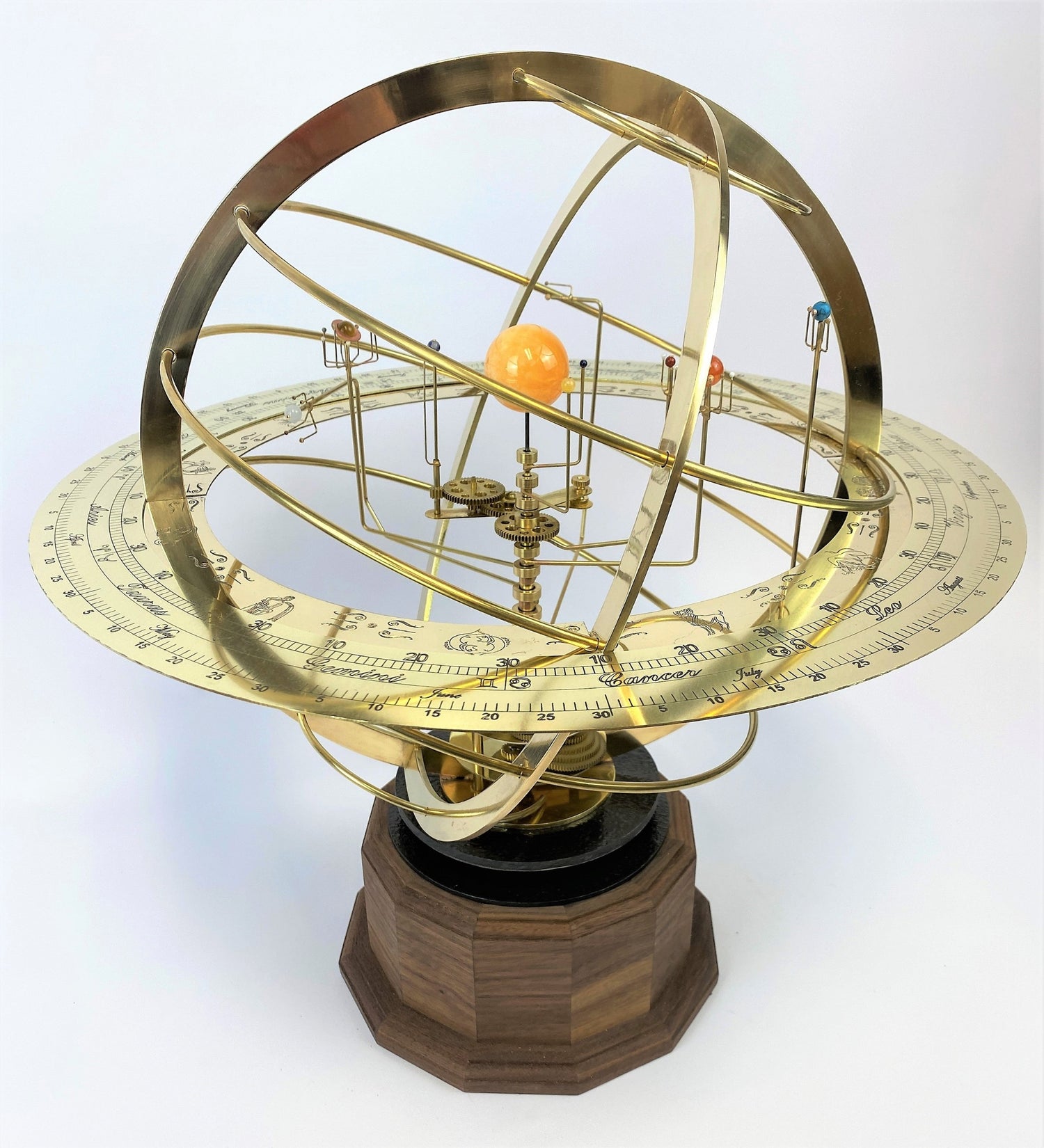 Tower Orrery on solid walnut base with semi-precious stone planets and full armillary sphere from Science Art