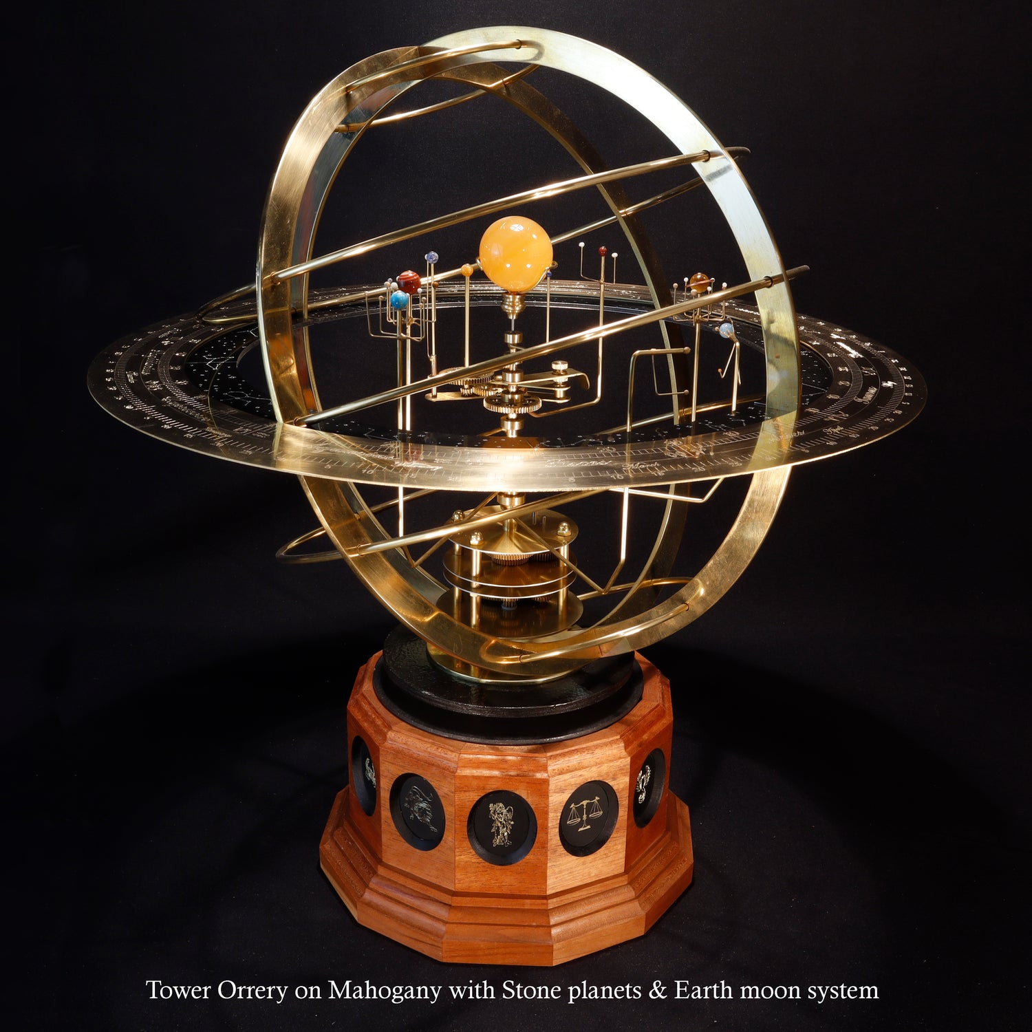 Tower Orrery in red mahogany with a full armillary and inner planet set of semi precious stones.
