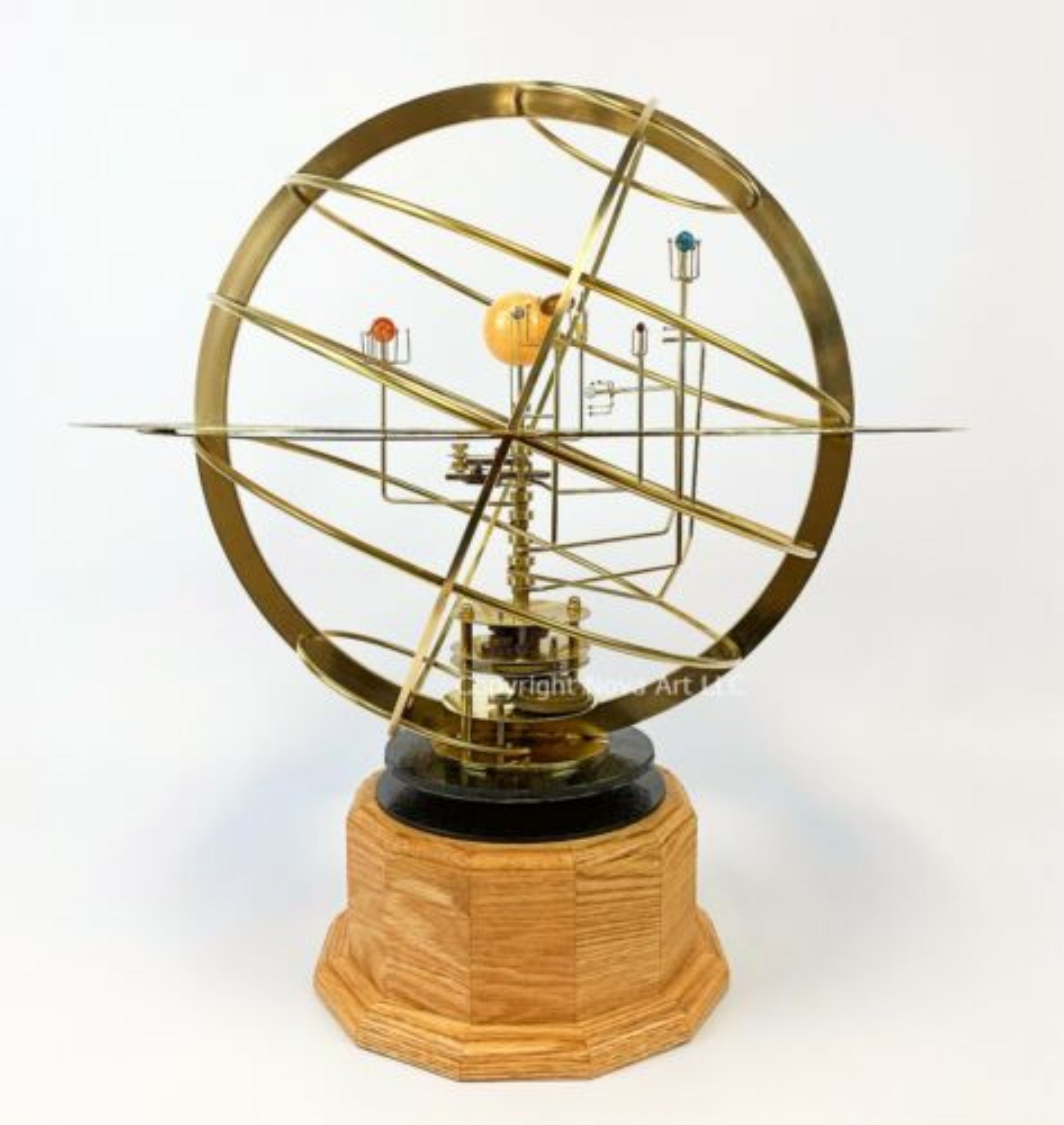 Tower Orrery with full brass armillary sphere on natural oak base.