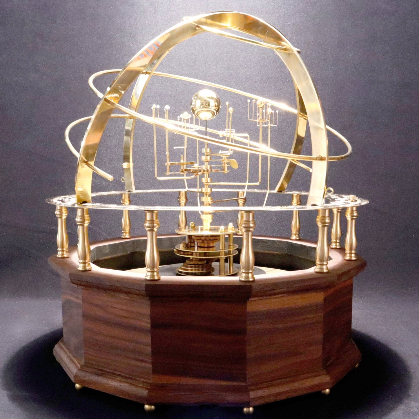 Walnut Grand Orrery in Brass Planet set with half armillary sphere from Science Art