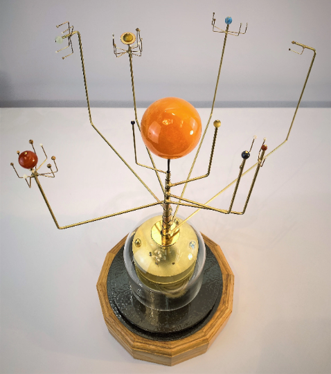 Wanderers Orrery with overhead view with semi precious stone planet set